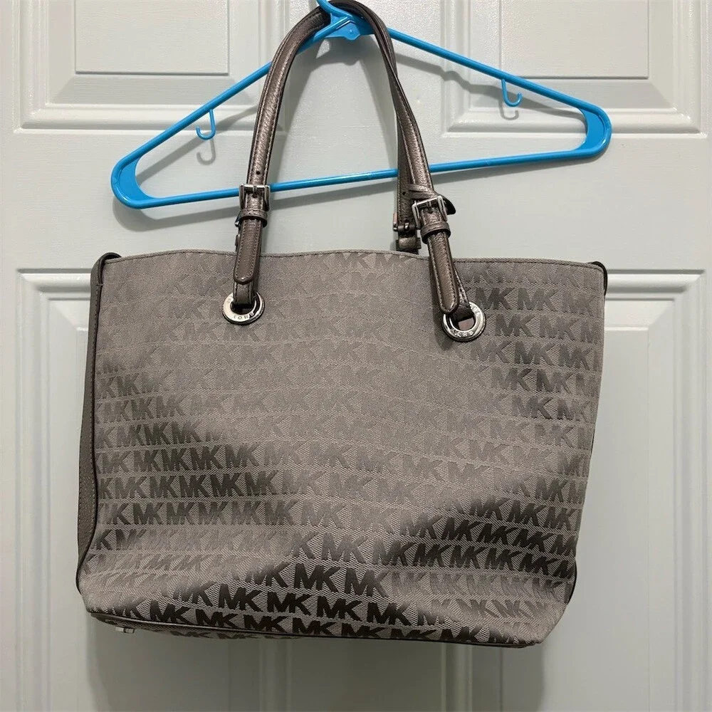 Michael Kors Tote Bag Womens Large Gray MK Logo Monogram Silver Hardware COA